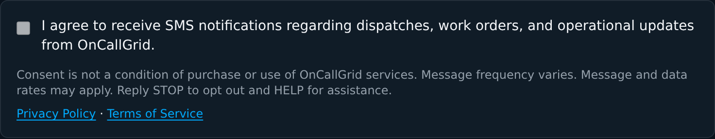 OnCallGrid Add Technician screen showing the SMS consent checkbox unchecked by default with the full disclosure text.